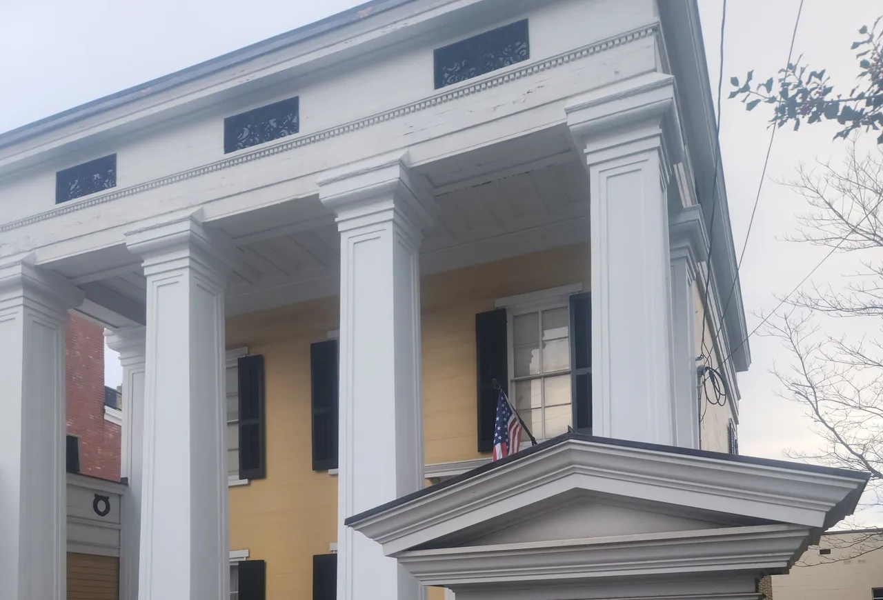 The Greek Revival portico of the 1845 Doric House on Main Street, Flemington